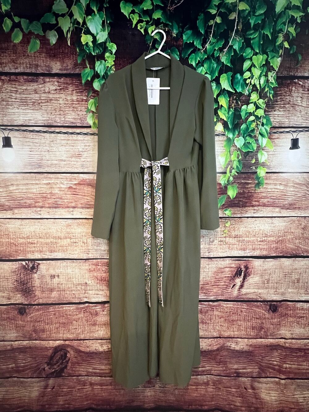 Boutique Floral Belted Duster Kimono Long Jacket Maxi Coverup Olive Green 8 Med